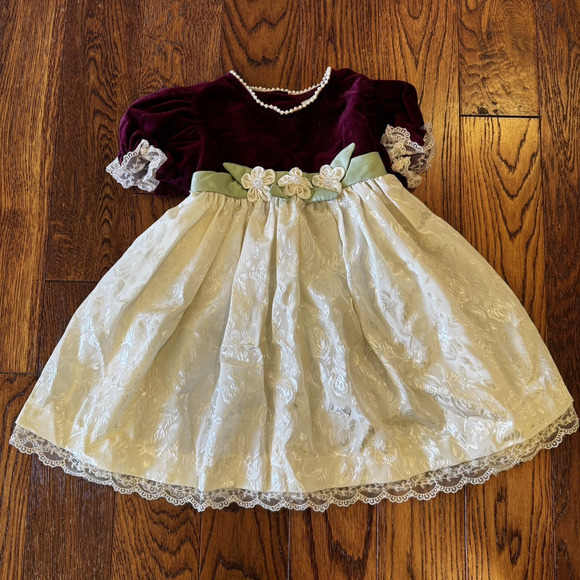 Vintage b.t. kids Baby Girls 24M Maroon Velvet Holiday Dress Ivory Damask Lace - Picture 3 of 16